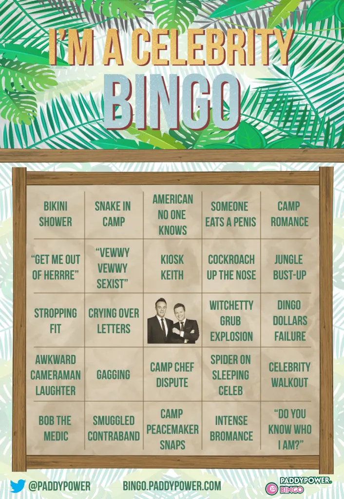 I'm A Celeb Bingo Card