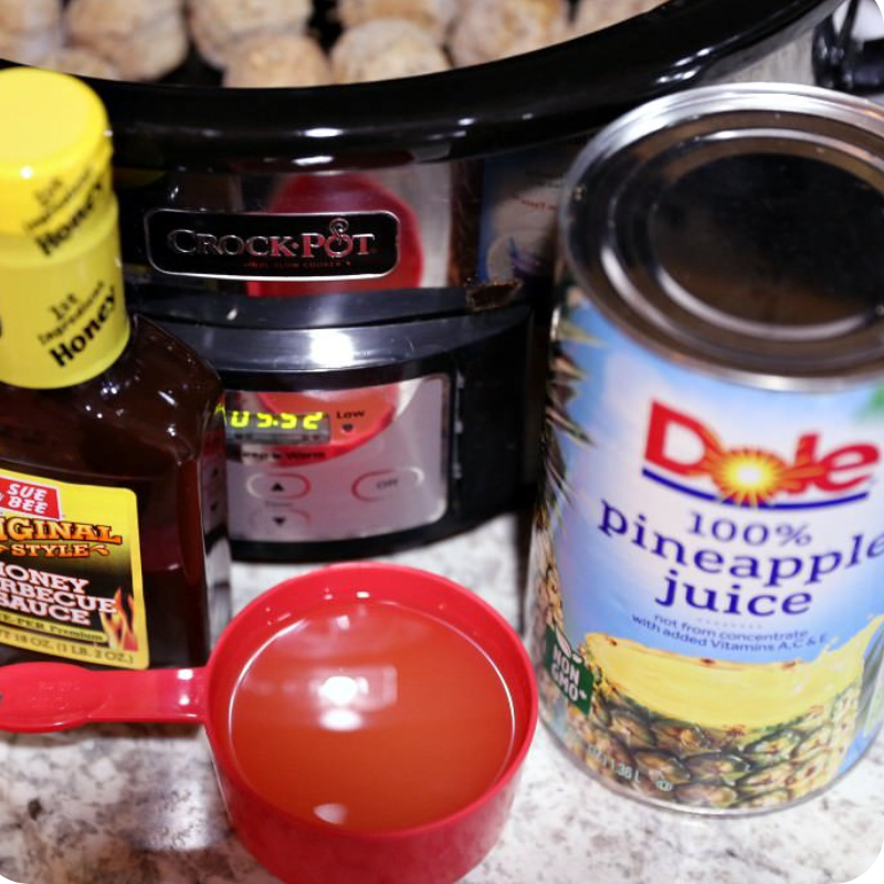 Tangy Crockpot Pineapple BBQ Meatballs 12 ingredients next to crockpot