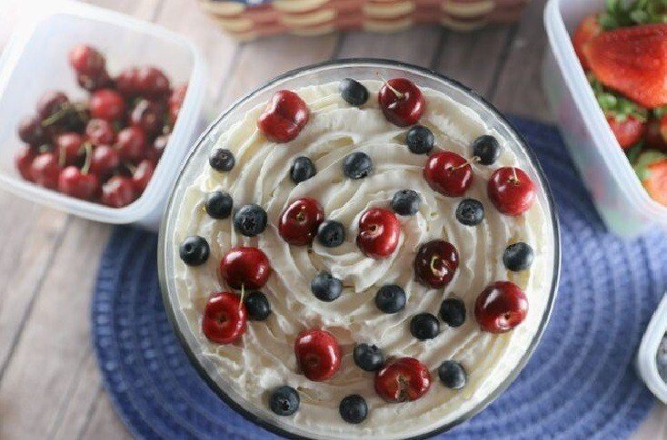 Red White & Blue Jello Fruit Salad 13 top view with cherries and blueberries of fruit salad
