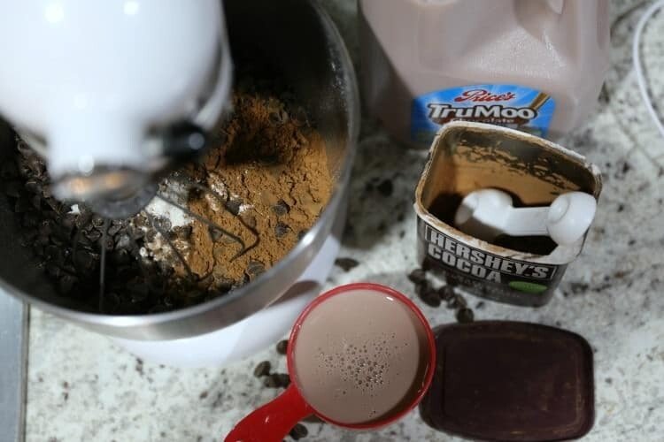 Baked Chocolate Chip Cake Donuts with Peanut Butter Glaze 12 top view of dry ingredients in stand mixer