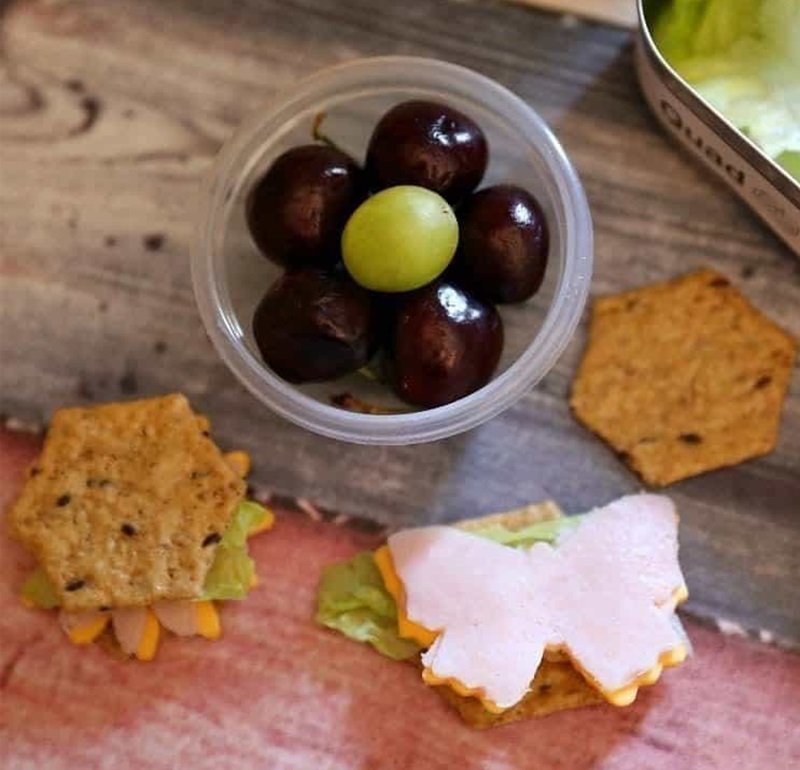 Lunch Box Ideas: Flowers & Butterfly Lunch Box 14 flower made out of cherries and a grape with butterfly cracker sandwich