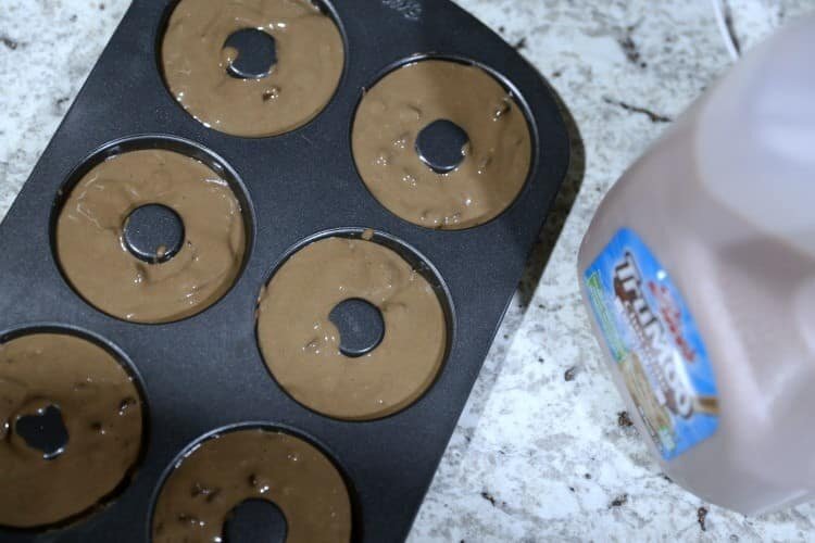 Baked Chocolate Chip Cake Donuts with Peanut Butter Glaze 13 batter in donut pan