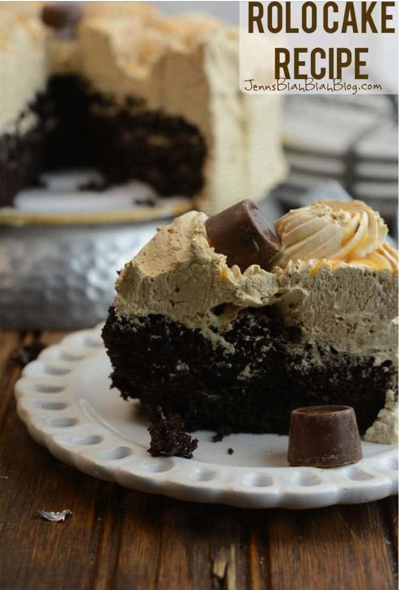 Rolo Cake Recipe 10 slice of rolo cake sitting on a white plate
