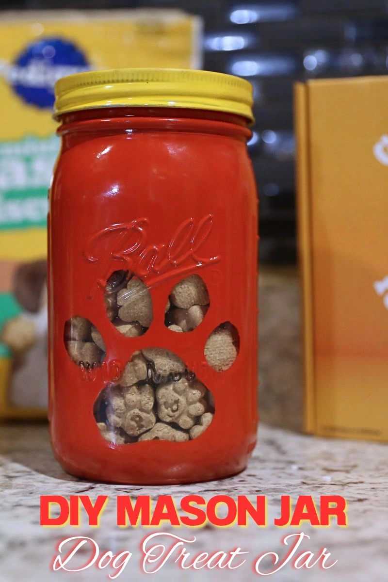 Awesome DIY Dog Treat Jar Using a Mason Jar 10 DIY Dog Treat Jar Using a Mason Jar on counter with pedigree treats in the background